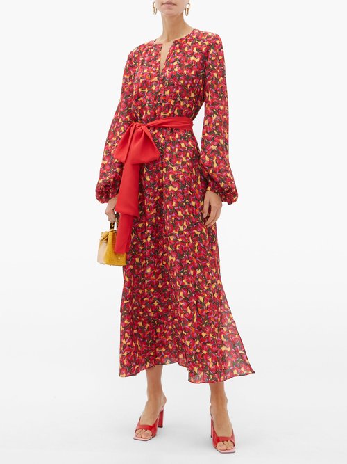 Saloni Lucia Cherry-print Silk-crepe Midi Dress Orange Multi - 70% Off Sale