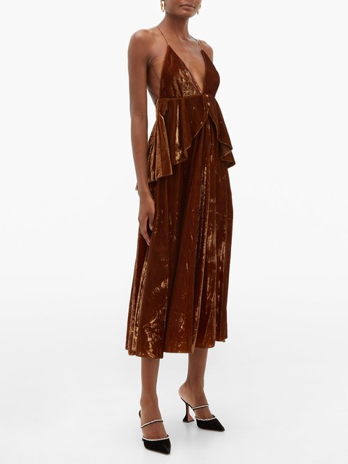 Françoise Peplum-waist Tinsel-velvet Midi Dress Brown - 70% Off Sale