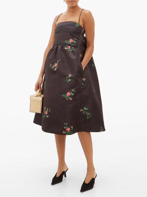 Rochas Rose-print Duchess-satin Midi Dress Black Print - 70% Off Sale