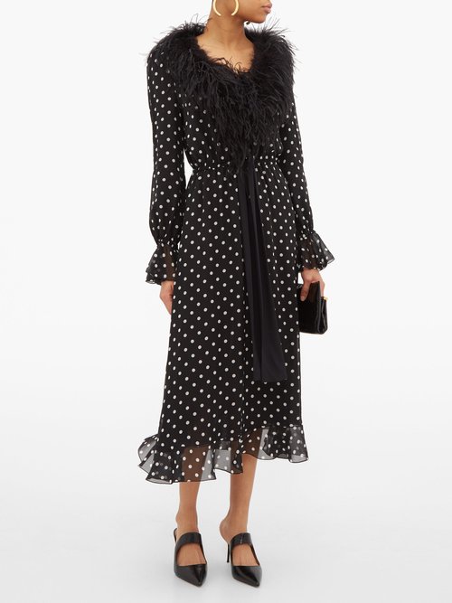 Alessandra Rich Marabou-trimmed Polka-dot Silk Midi Dress Black White - 70% Off Sale