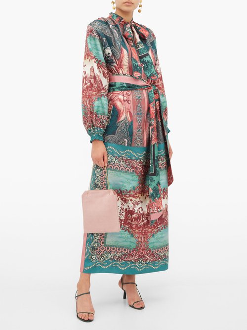 F.r.s For Restless Sleepers Brizio Pussy-bow Printed-silk Maxi Dress Green Multi - 70% Off Sale