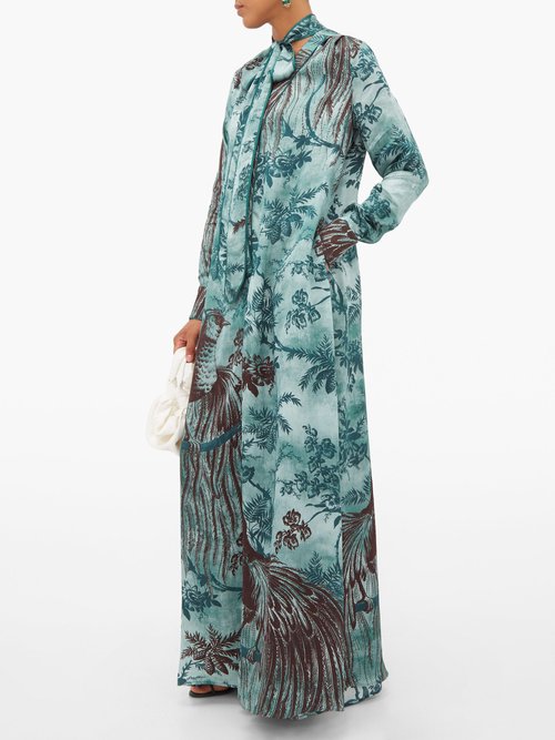 F.r.s For Restless Sleepers Nettuno Peacock-print Satin-cloqué Jumpsuit Green Print