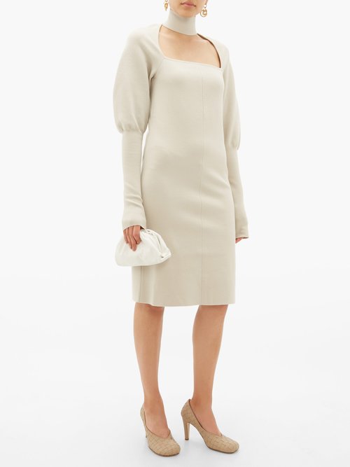 Bottega Veneta Choker Gigot-sleeve Wool-blend Dress Cream