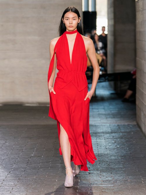 Roland Mouret Katana Halterneck Wool-crepe Dress Red - 70% Off Sale