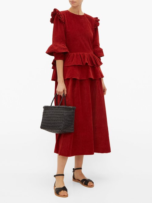 Story Mfg. Tulsi Ruffled Cotton-corduroy Midi Dress Red Multi - 70% Off Sale