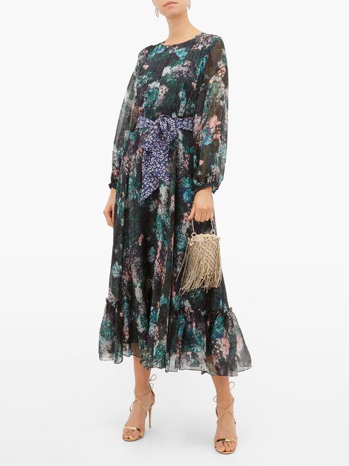 Beulah Sara Forest-print Silk-chiffon Dress Green Multi - 70% Off Sale