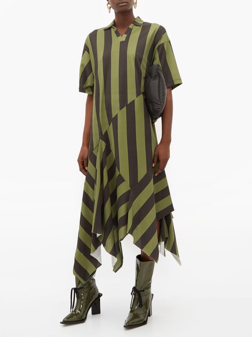 Marques'almeida Asymmetric-hem Striped Cotton Midi Dress Khaki - 70% Off Sale
