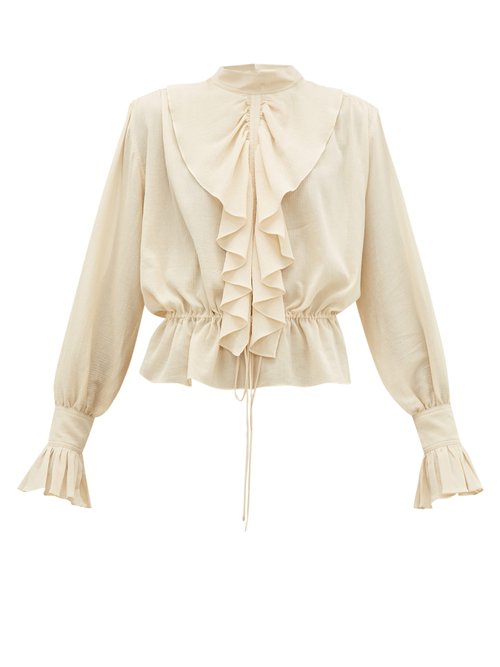 Jw Anderson Ruffled Funnel Neck Cotton Crepe Blouse In Cream | ModeSens