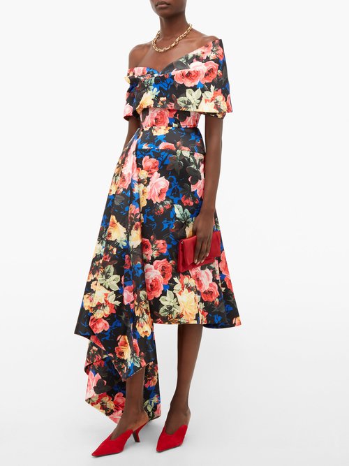 Richard Quinn Off-the-shoulder Asymmetrical Floral Satin Dress Blue Multi – 70% Off Sale