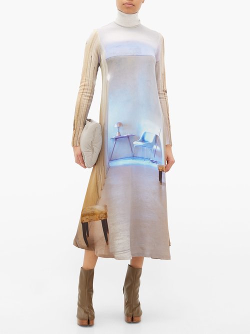 Undercover High-neck Printed Silk Midi Dress Beige Multi - 70% Off Sale
