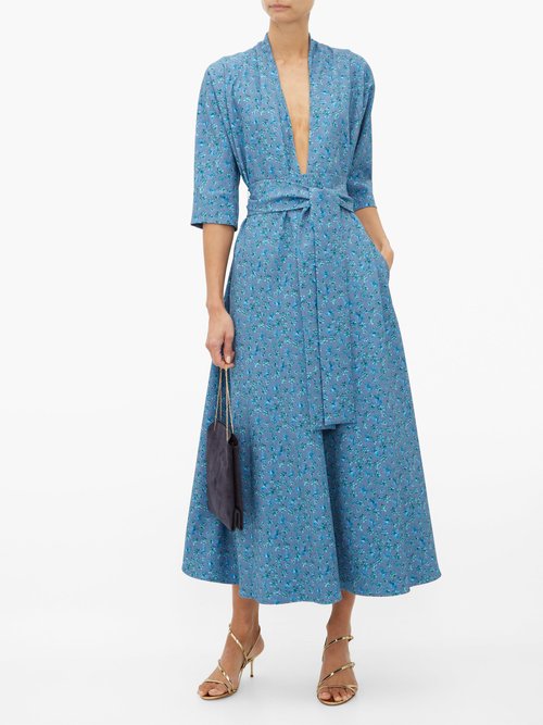 Luisa Beccaria V-neck Floral-print A-line Dress Blue Multi - 70% Off Sale