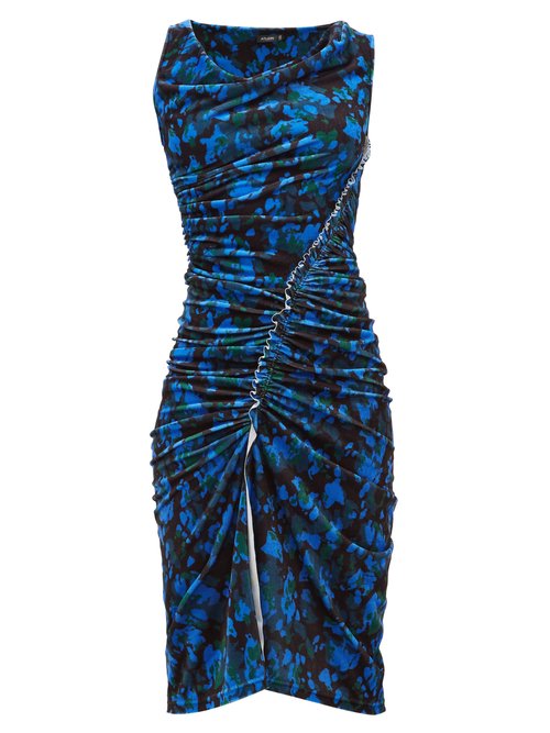 Atlein - Asymmetric Camouflage-print Velvet Dress Blue Multi