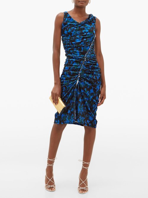 Atlein Asymmetric Camouflage-print Velvet Dress Blue Multi – 70% Off Sale