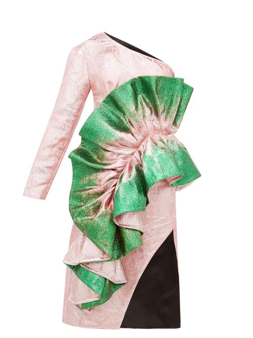 Germanier - Recycled Asymmetric Glitter-paint Brocade Dress Green Multi