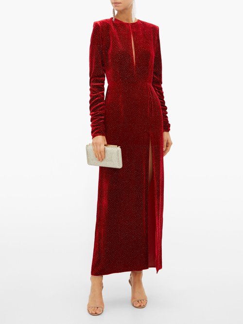 Raquel Diniz Lucy Glittered Side-slit Velvet Dress Dark Red - 70% Off Sale