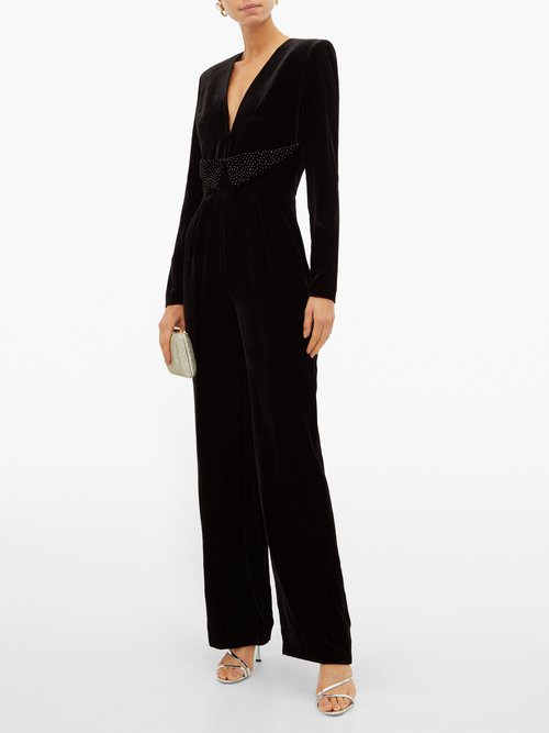 Raquel Diniz Lisa Glitter-embellished Silk-velvet Jumpsuit Black Silver