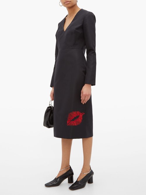Duncan Lip-embroidered Silk-faille Dress Black - 70% Off Sale