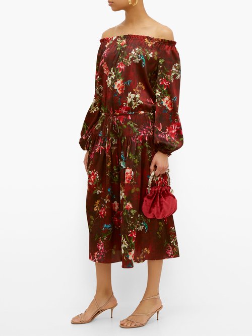 Adriana Iglesias Creek Grapevine-print Silk-blend Dress Burgundy Print - 70% Off Sale
