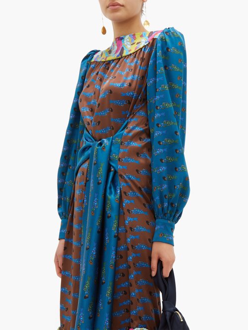Buy Rianna + Nina Callas Fish-print Silk-satin Midi Dress Blue Multi online - shop best Rianna + Nina clothing sales