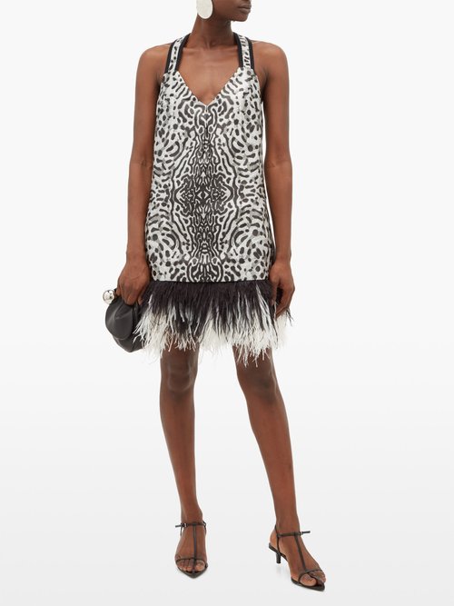 Proenza Schouler Feather-hem Leopard-jacquard Mini Dress Black White - 70% Off Sale
