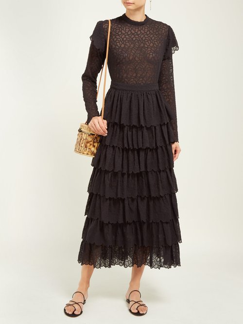 Sir Florrie Tiered Broderie-anglaise Silk Midi Dress Black - 70% Off Sale