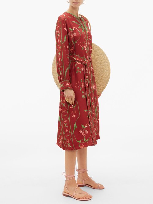 D'Ascoli Belted Floral-print Silk-twill Dress Red Multi - 70% Off Sale