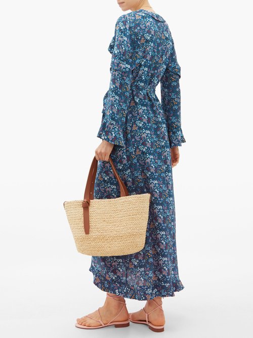 D'Ascoli Ruffled Floral-print Silk Dress Blue Print - 70% Off Sale