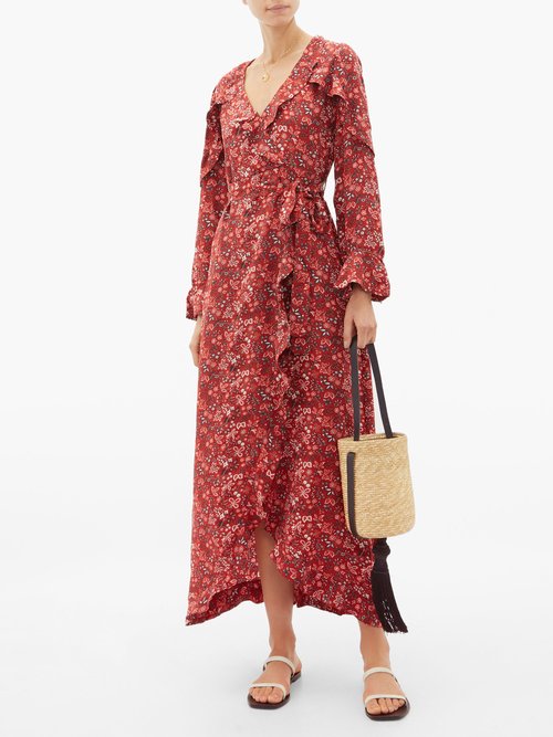 D’Ascoli Leela Floral-print Silk Wrap Dress Red Print – 70% Off Sale