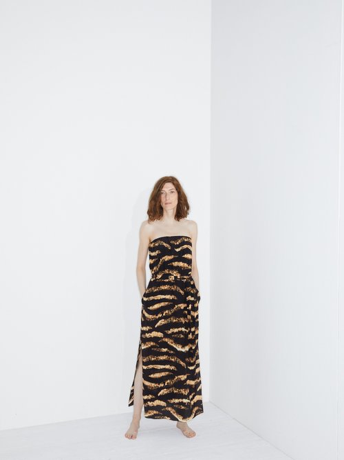 Buy Raey Bleached Tiger-print Strapless Silk Midi Dress Black Print online - shop best Raey clothing sales