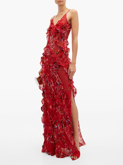 Rat & Boa Maribou Ruffled Floral-devoré Maxi Dress Red - 60% Off Sale