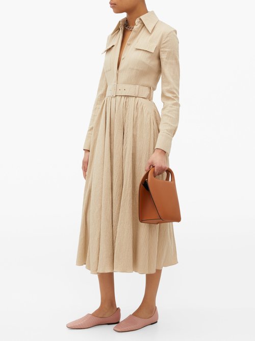 Emilia Wickstead Aurora Belted Cotton-blend Midi Dress Beige - 30% Off Sale