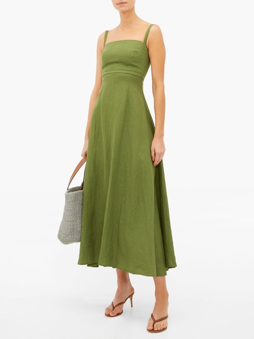 Emilia Wickstead Freya Square-neck Linen Midi Dress Khaki - 30% Off Sale