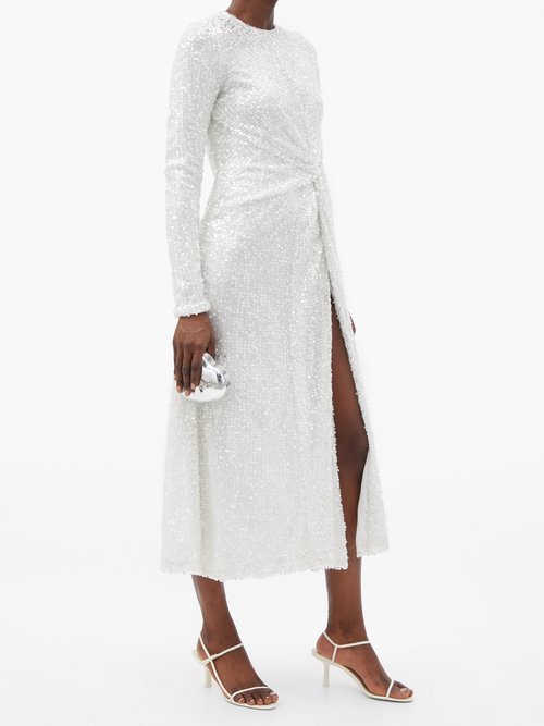 Galvan Sequinned Knotted-front Dress White
