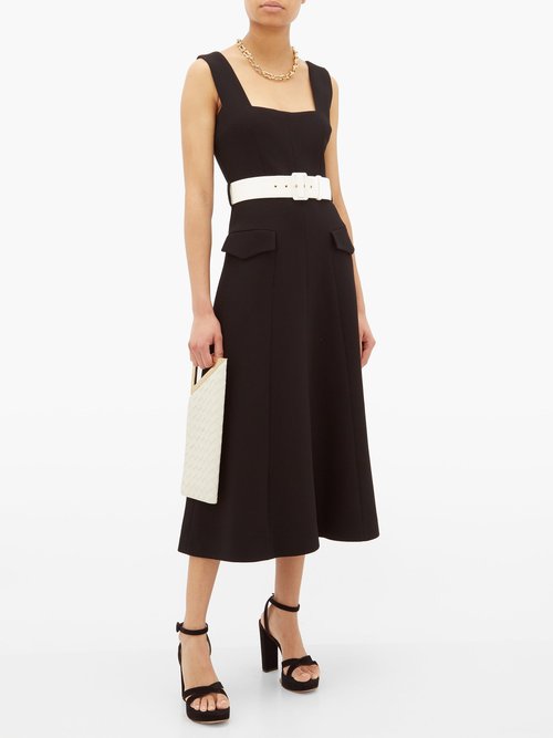 Emilia Wickstead Petra Belted Wool-crepe Midi Dress Black White - 50% Off Sale