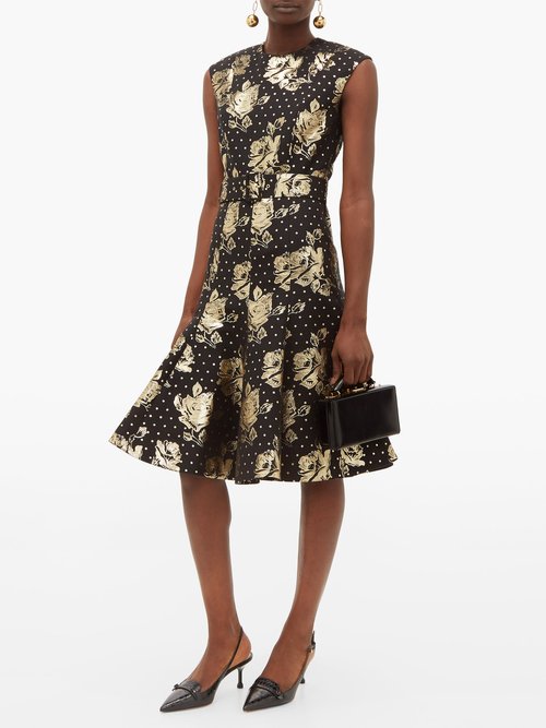Emilia Wickstead Danni Belted Metallic Floral-brocade Dress Black Gold - 60% Off Sale