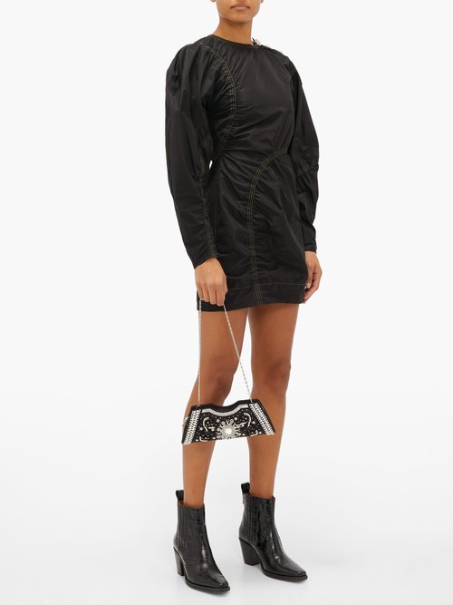 Ganni Balloon-sleeve Crystal-button Taffeta Mini Dress Black - 60% Off Sale