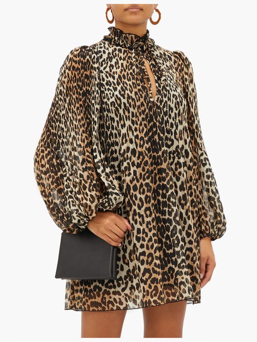 Ganni Leopard-print Plissé-georgette Mini Dress Leopard - 40% Off Sale