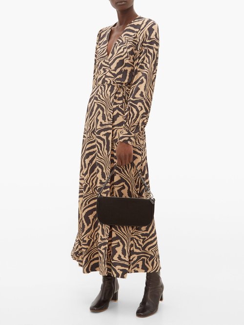 Ganni Zebra-print Crepe Wrap Dress Beige Multi - 60% Off Sale