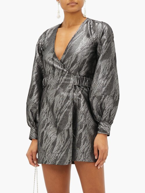 Buy Ganni Balloon-sleeve Metallic-jacquard Wrap Dress Silver online - shop best Ganni clothing sales