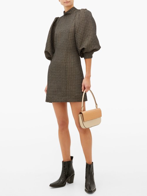 Ganni Gigot-sleeves High-neck Tweed Mini Dress Black - 70% Off Sale
