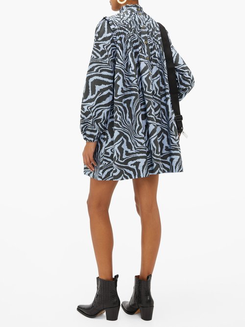 Ganni Zebra-print Pintucked Cotton Smock Dress Blue Multi - 60% Off Sale