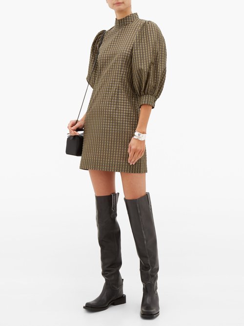 Ganni Puff-sleeve Gingham Seersucker Mini Dress Khaki - 60% Off Sale