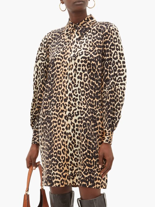 Ganni Leopard-print Silk-blend Satin Mini Shirtdress Leopard - 60% Off Sale