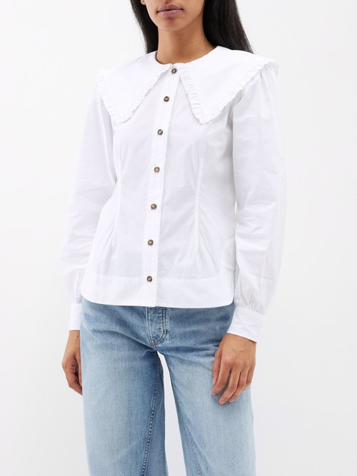 Ganni - Ruffled-collar Cotton-poplin Shirt White