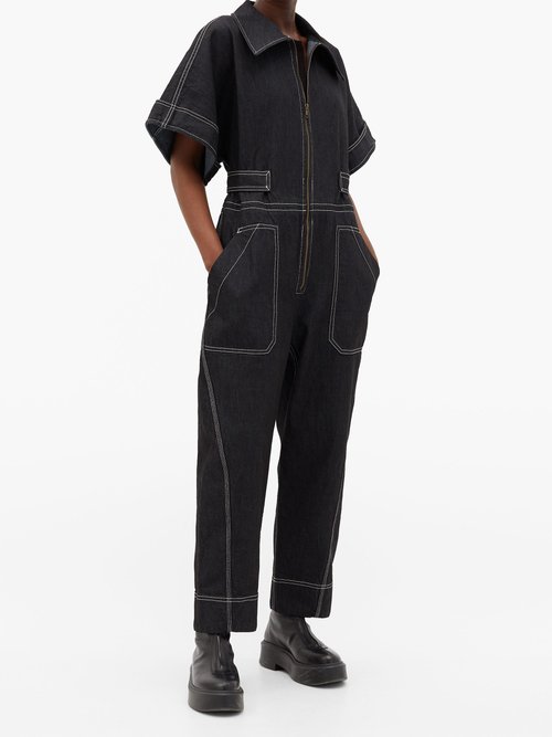 Ssone Contrast-stitch Denim Jumpsuit Black