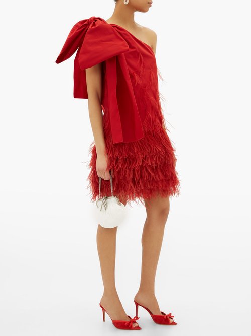 No. 21 Bow-appliqué One-shoulder Feathered Taffeta Dress Red - 70% Off Sale