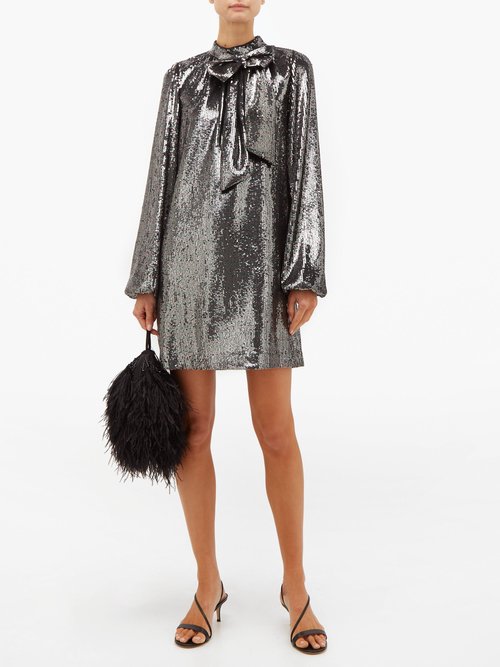 No. 21 Bow-appliqué Balloon-sleeve Sequinned Mini Dress Silver - 60% Off Sale
