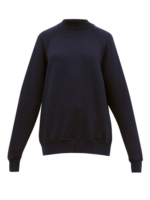 Les Tien - High-neck Brushed-back Cotton Sweatshirt Navy