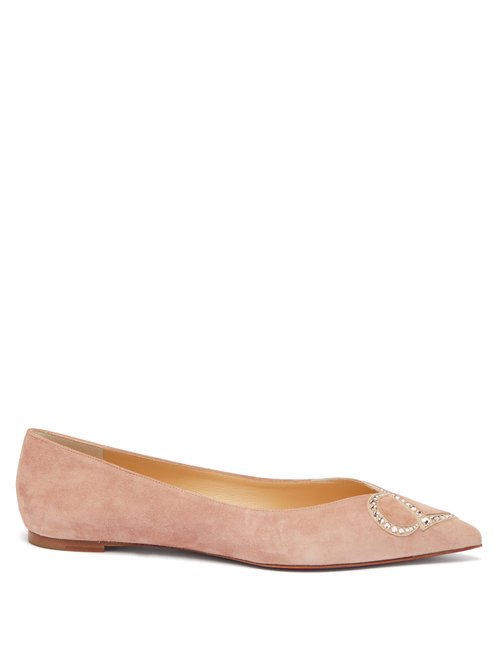 Christian Louboutin – Cl-logo Crystal-embellished Point-toe Suede Flats Nude