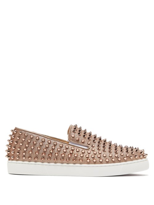 Christian Louboutin - Roller-boat Spike-embellished Glittered Trainers Gold